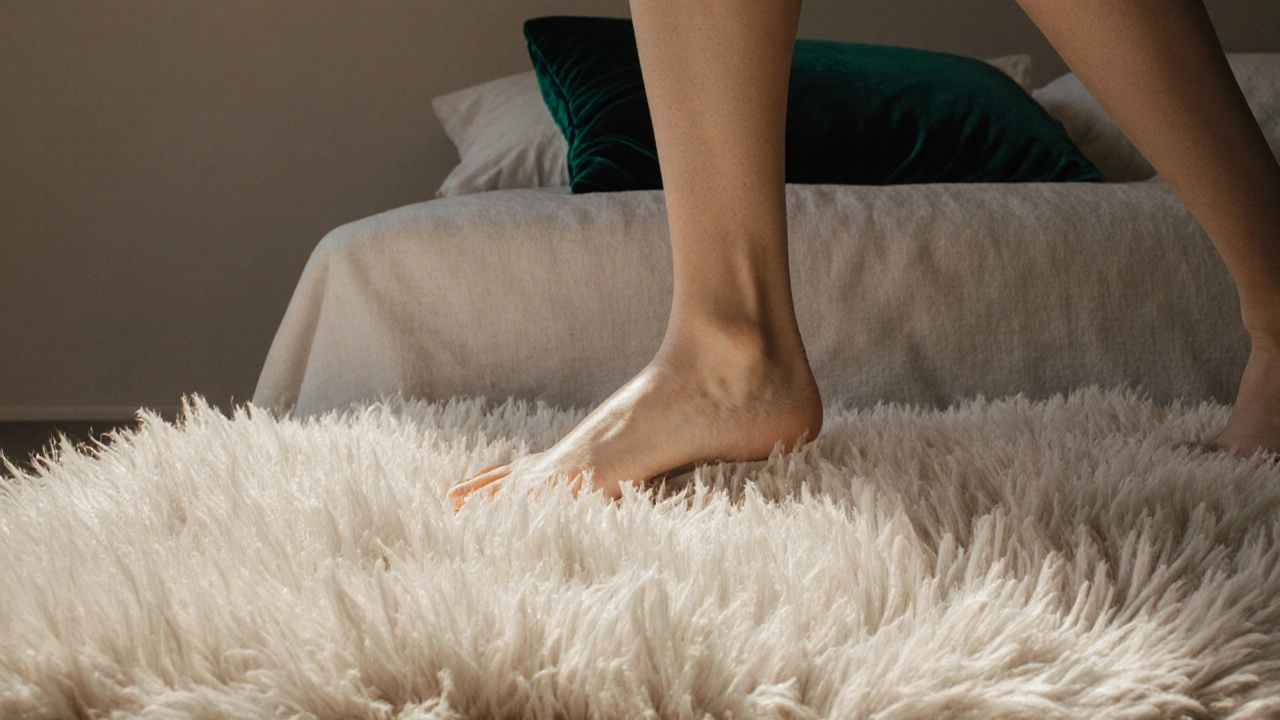 A bare foot on a plush faux fur rug beside a linen bed, with a single emerald velvet pillow in soft ambient glow.