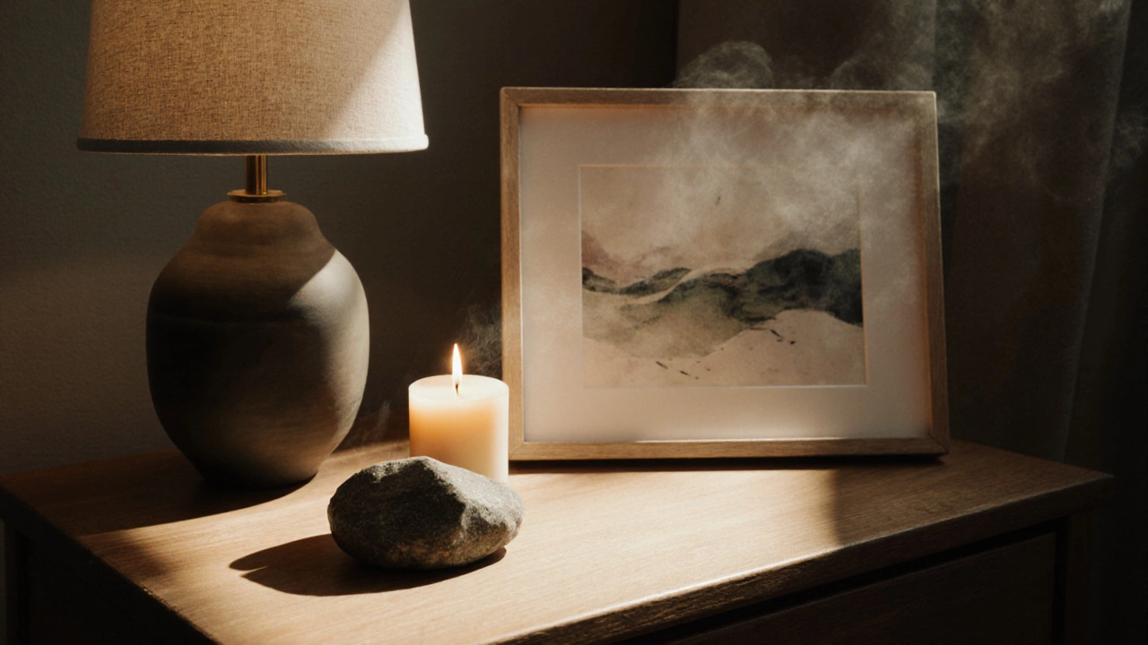 A minimalist nightstand with a stone, a lit beeswax candle, and an abstract watercolor print in warm dim light.