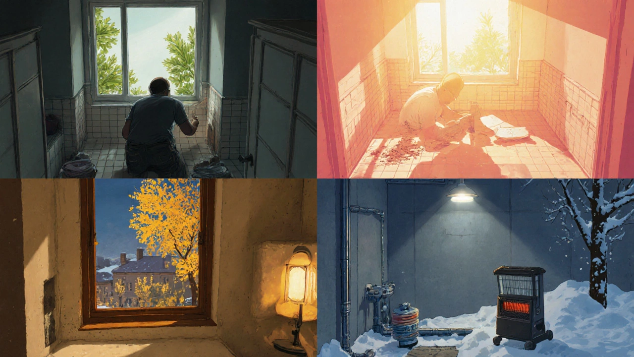 Bathroom renovation shown in four quadrants representing spring, summer, fall, and winter.