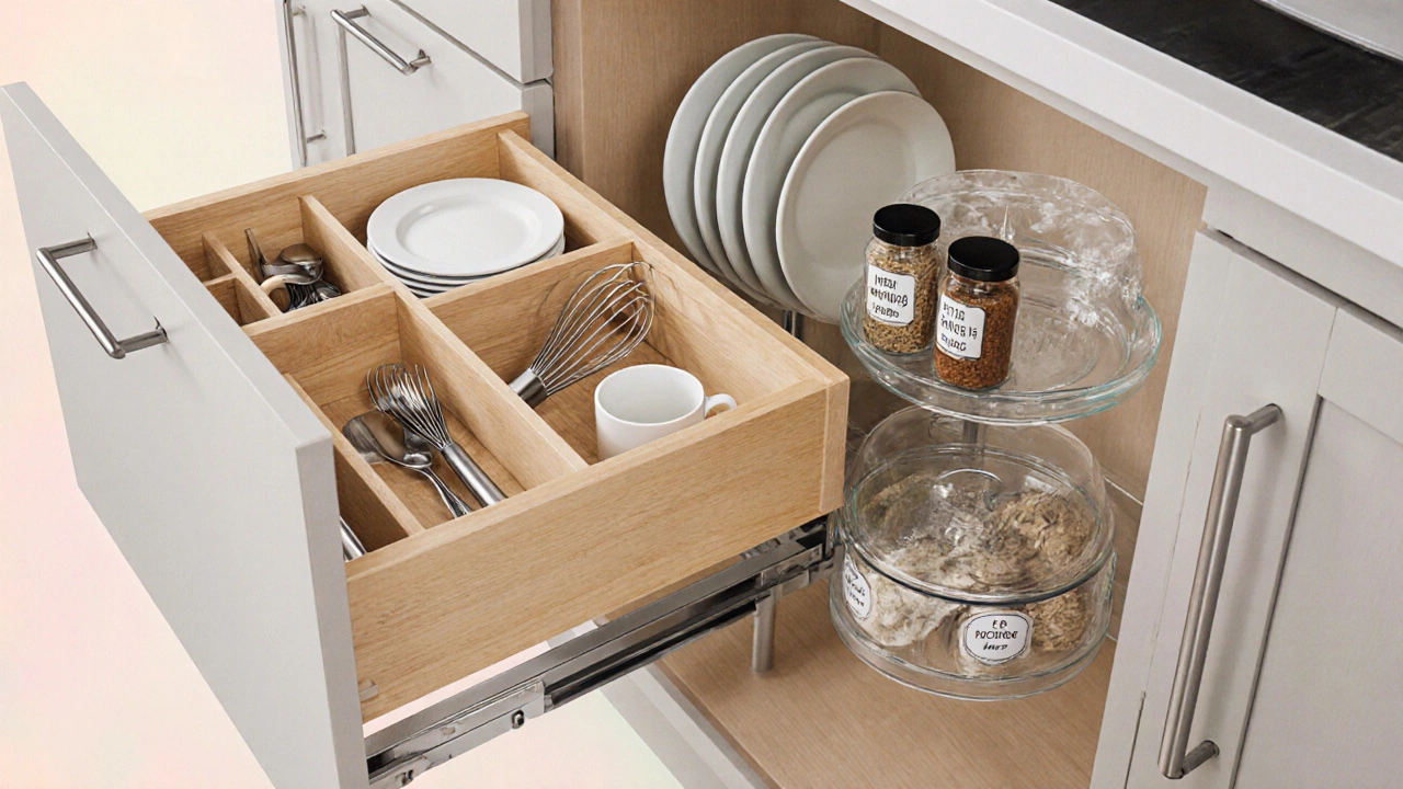 Cabinet interior showing drawer dividers, pull‑out shelf, Lazy Susan, and clear containers.
