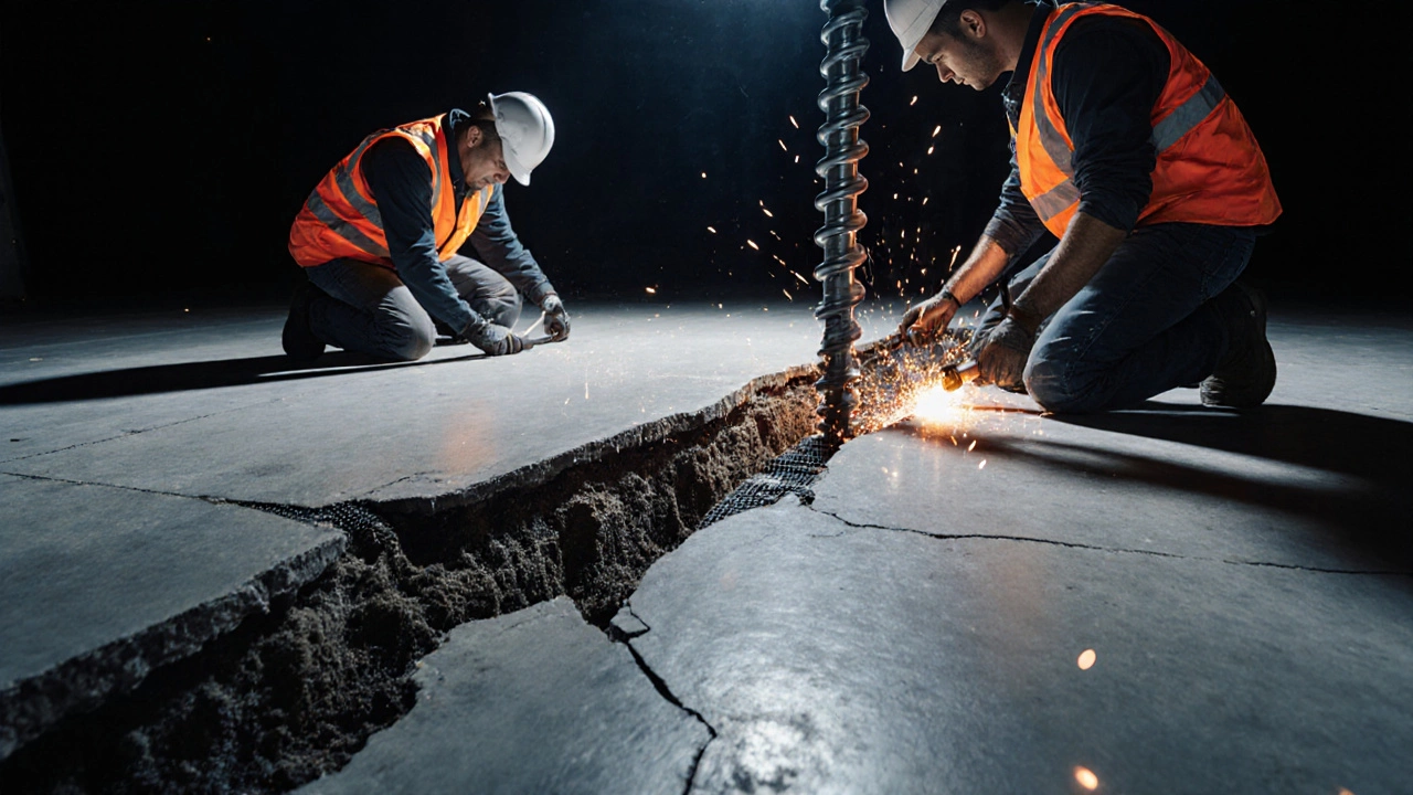 Construction team repairing a wide foundation crack using epoxy and reinforcement.