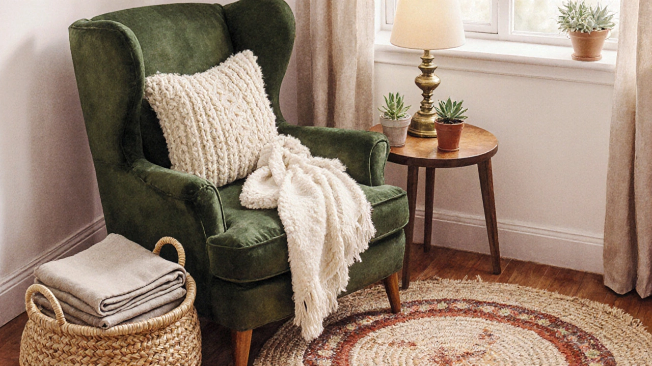 Cozy corner showing plush throw, knit pillows, woven basket and textured rug.