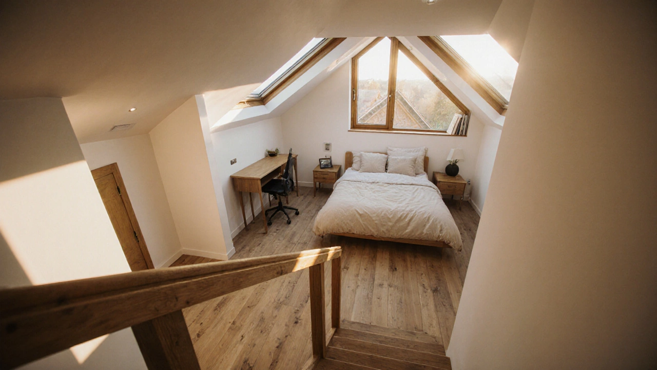 Cozy finished loft with staircase, modern bedroom‑office furniture, and natural light.