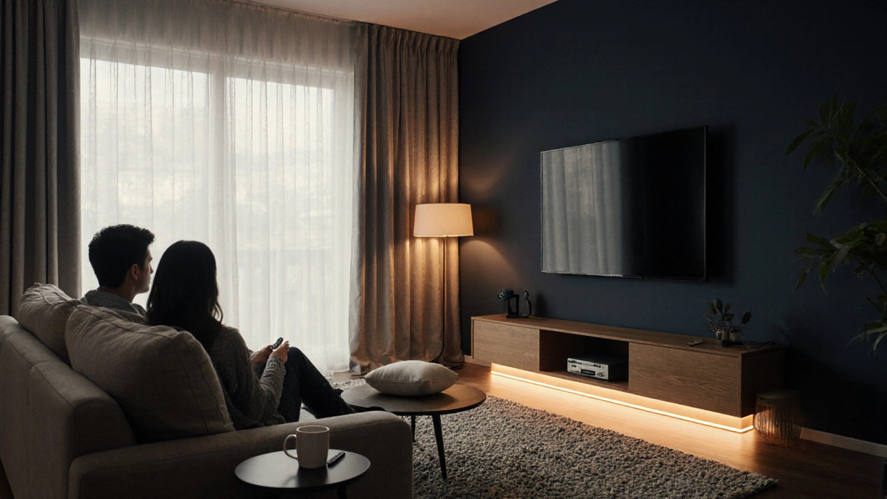 Cozy media hub with wall‑mounted TV, blackout curtains, concealed cables, and soft lighting.