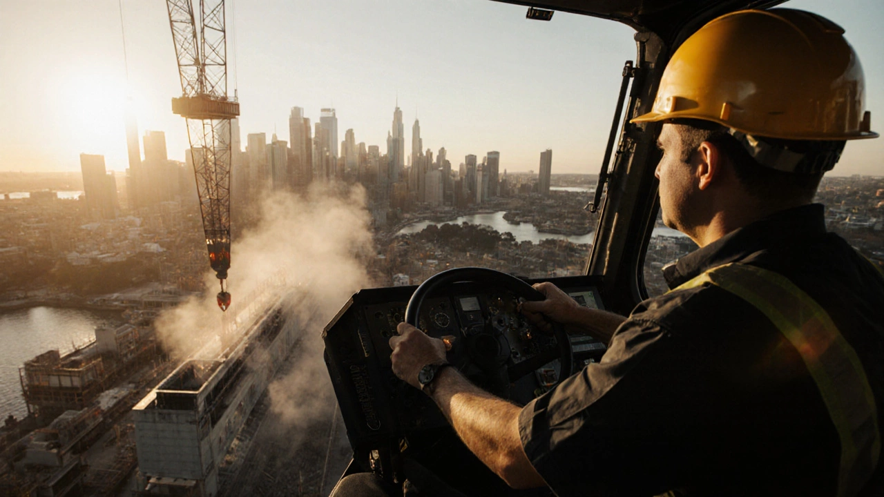 Crane operator carefully lowering a steel beam in a busy city construction site.