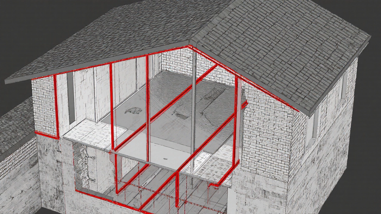 Cross-section of a house showing hidden structural flaws like undersized beams and water damage.
