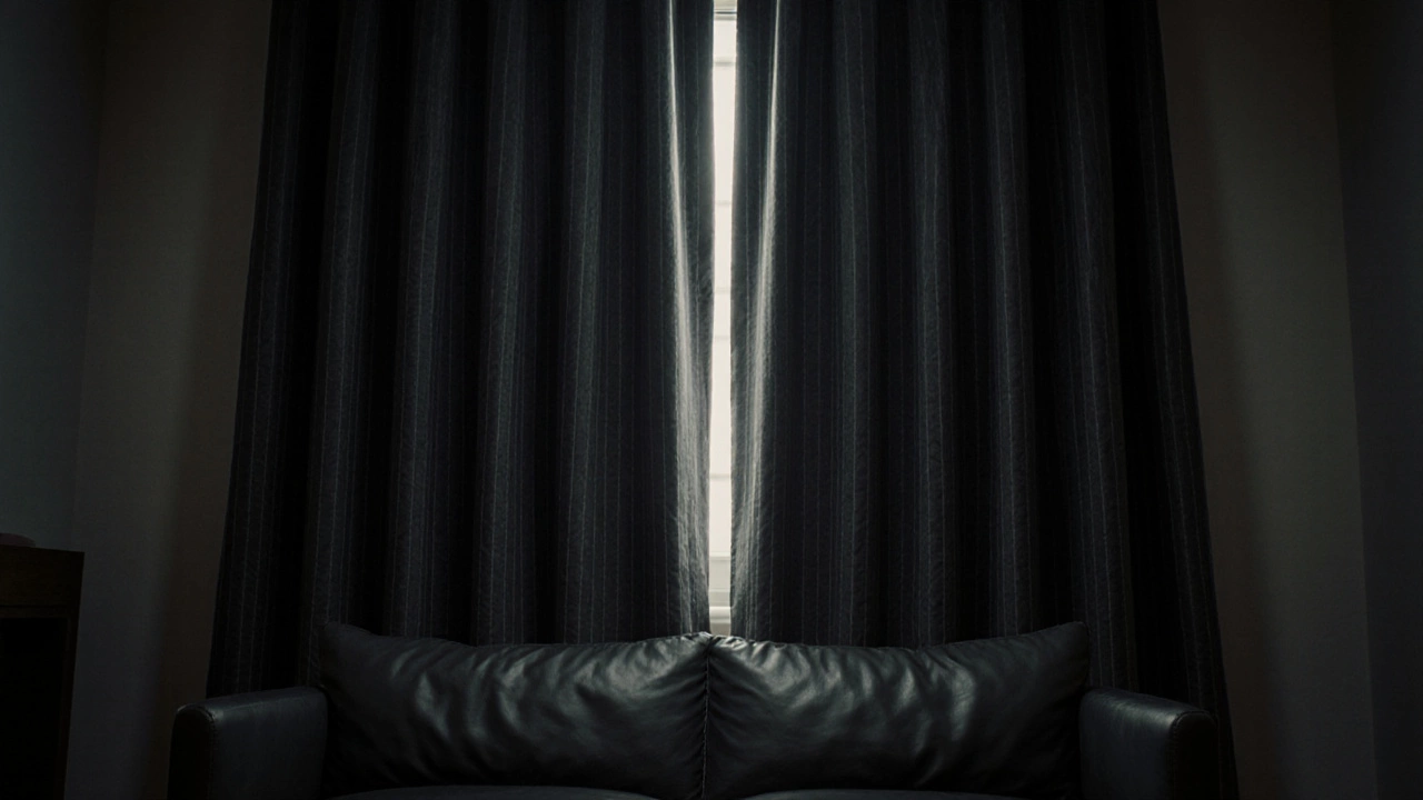 Dark leather sofa under charcoal blackout curtains, highlighted by soft backlight.