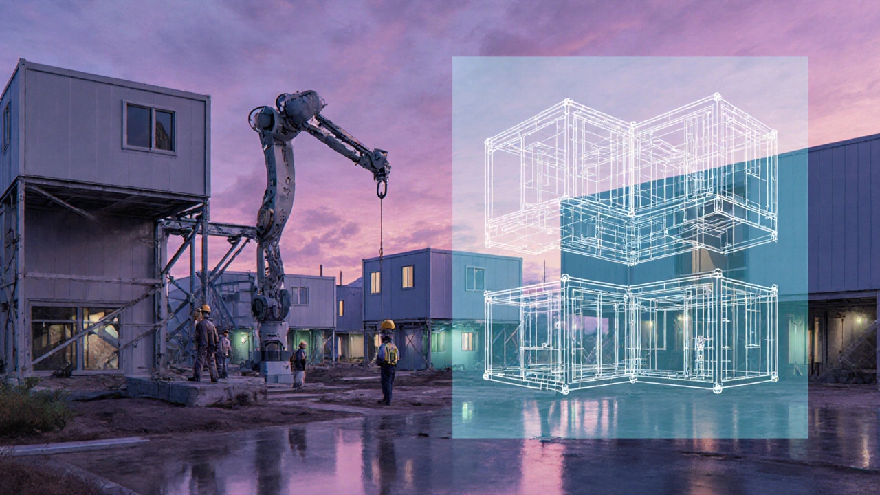 Digital painting of a modular home factory with robots assembling prefabricated houses at dusk.