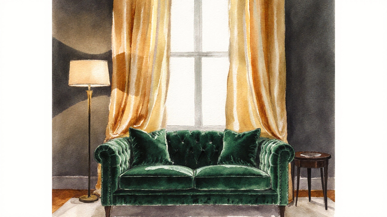 Elegant room showing emerald velvet sofa paired with gold silk curtains.