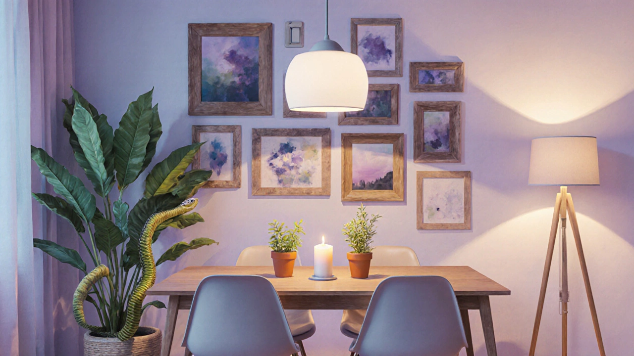 Evening dining room with dimmable pendant, floor lamp, plants, gallery wall, and candle.