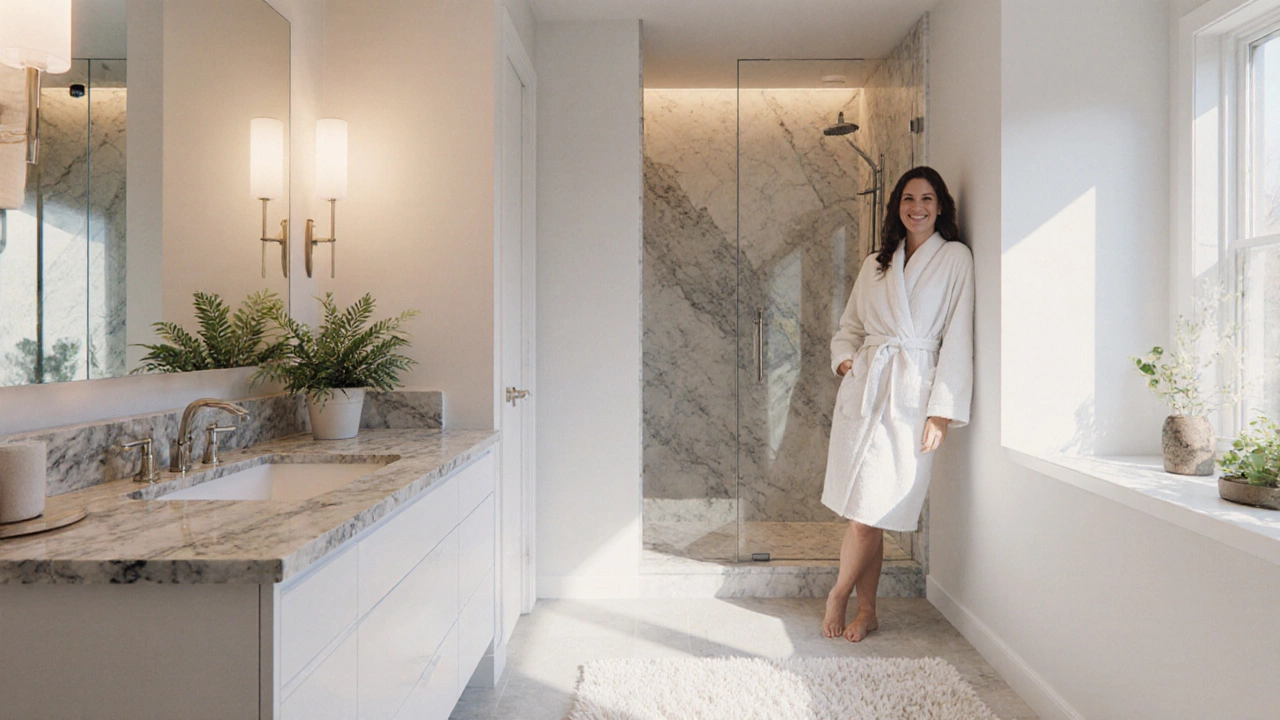 Finished modern bathroom with subtle spring and fall touches and a happy homeowner.