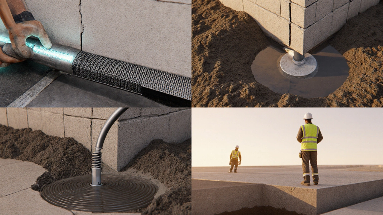 Four‑panel 3D view of carbon‑fiber straps, wall anchors, pressure grouting, and underpinning.