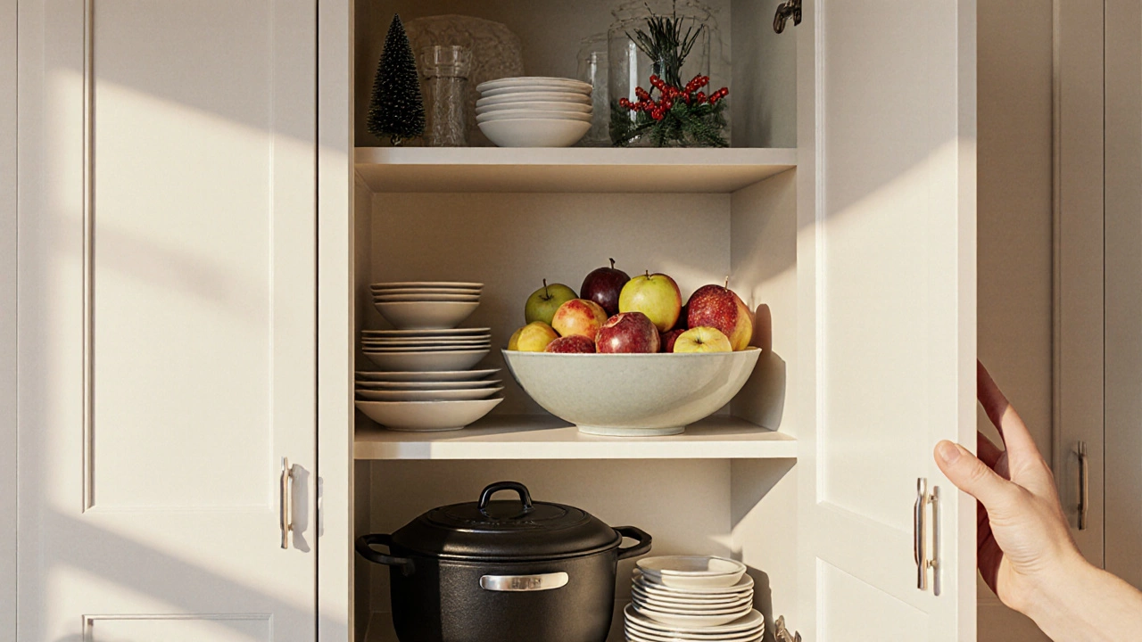 Fully organized kitchen cabinets with heavy items low, daily items middle, rare items high.