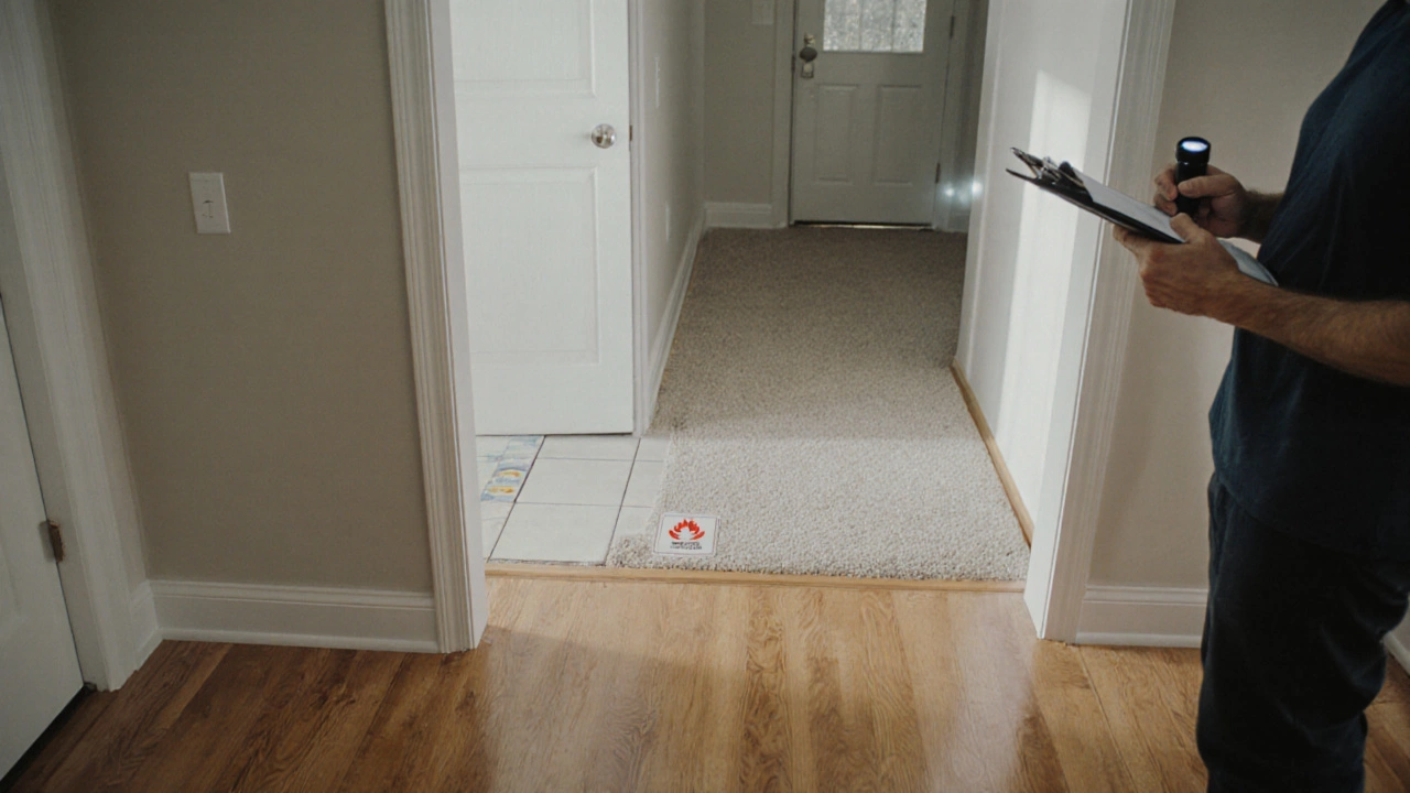 Homeowner inspecting finished flooring during final walk‑through, checking gaps and fire‑rating sticker.