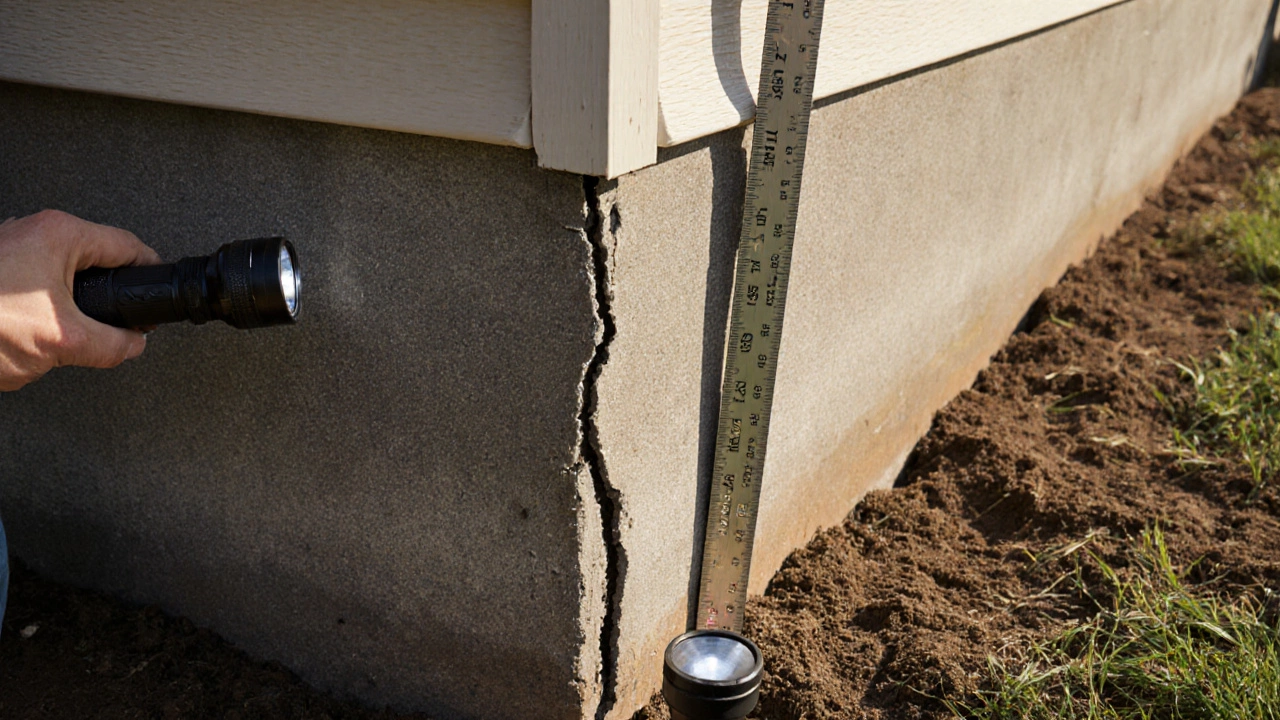 Homeowner measuring a vertical foundation crack with a ruler on a sunny day.