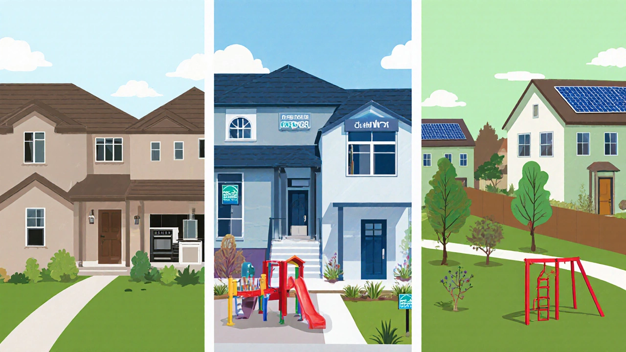Illustrated comparison of three neighborhoods: D.R. Horton affordable homes, Lennar upscale community, PulteGroup green homes.
