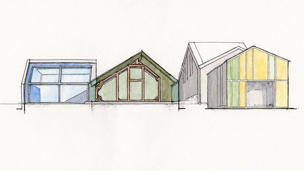 Illustrated cutaway of five loft conversion types: roof‑light, dormer, mansard, site‑built, prefab.