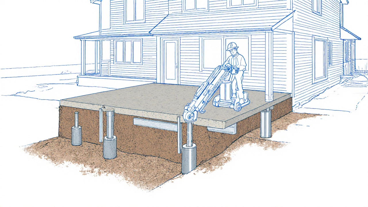 Illustrated cutaway of pier and beam repair with jacks and steel piers.