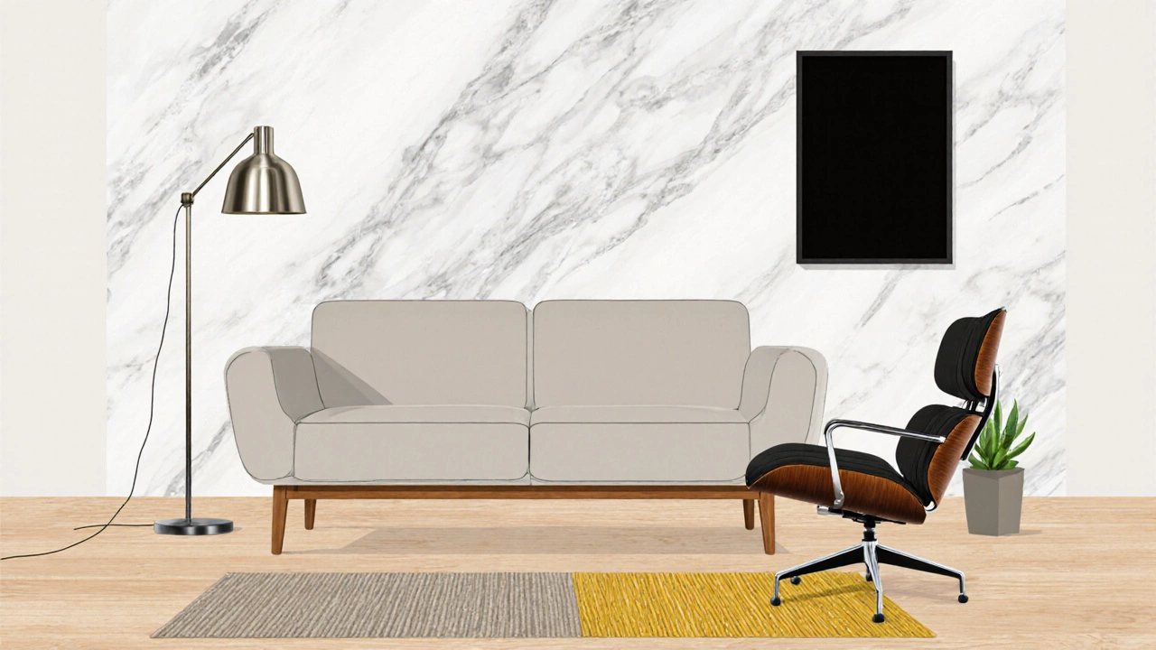 Illustration of modern interior with modular sofa, Eames chair, marble wall, oak floor, rug and lamp.