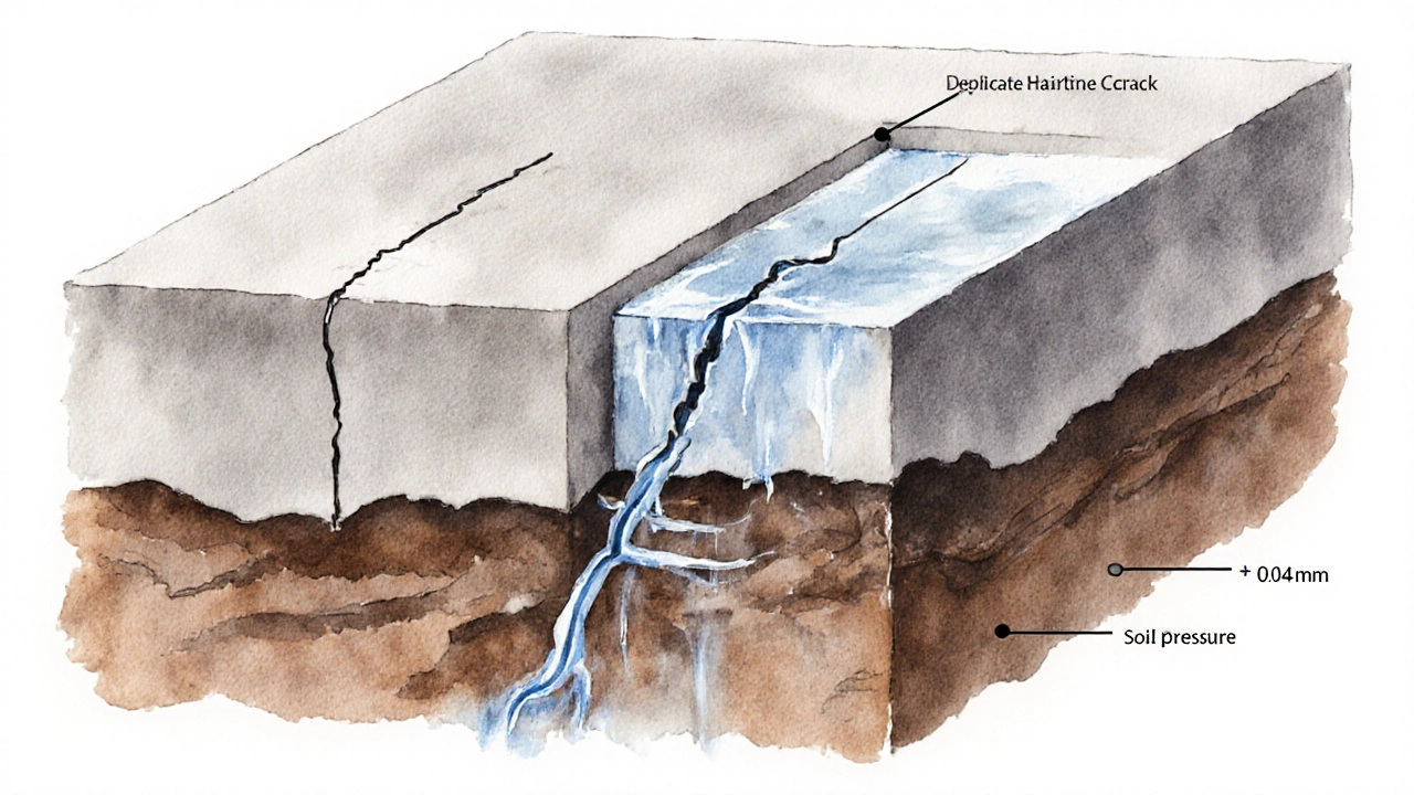 Illustration of three foundation cracks of varying widths with soil and water effects.