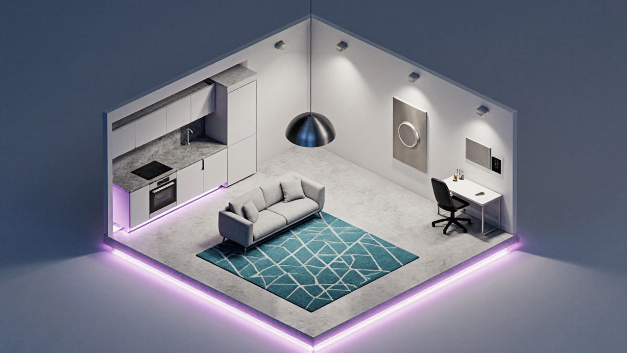 Isometric view of open‑plan modern home showing kitchen, living area, office, and integrated LED lighting.