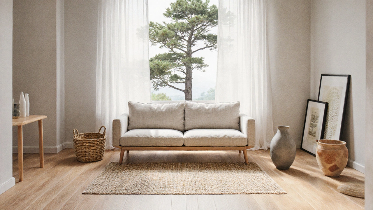 Japandi living room with low linen sofa, oak floor, jute rug, bonsai and natural light.