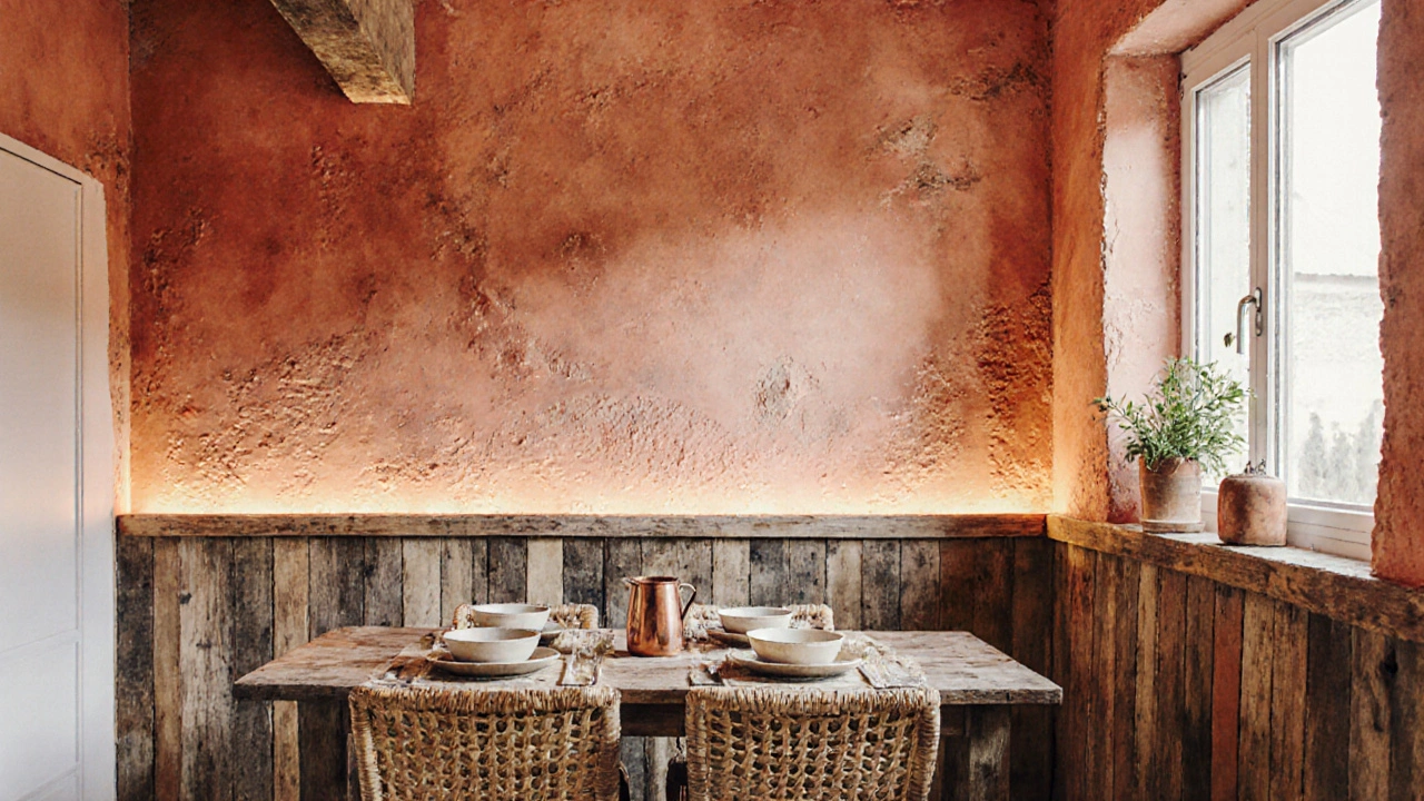 Kitchen with soft terracotta walls, textured plaster, reclaimed wood, and warm lighting.