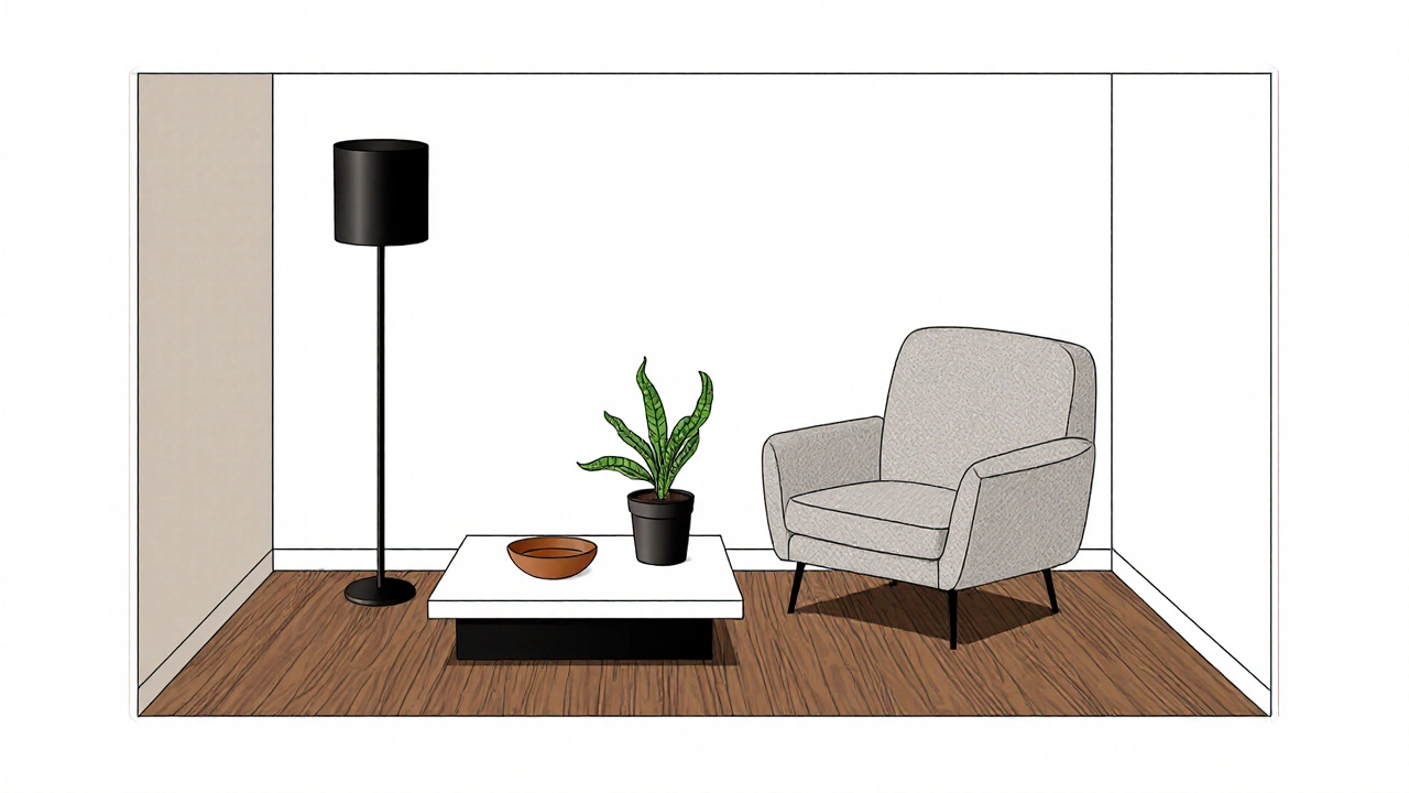 Minimalist Japandi apartment illustration with walnut floor, linen chair, and small plant.