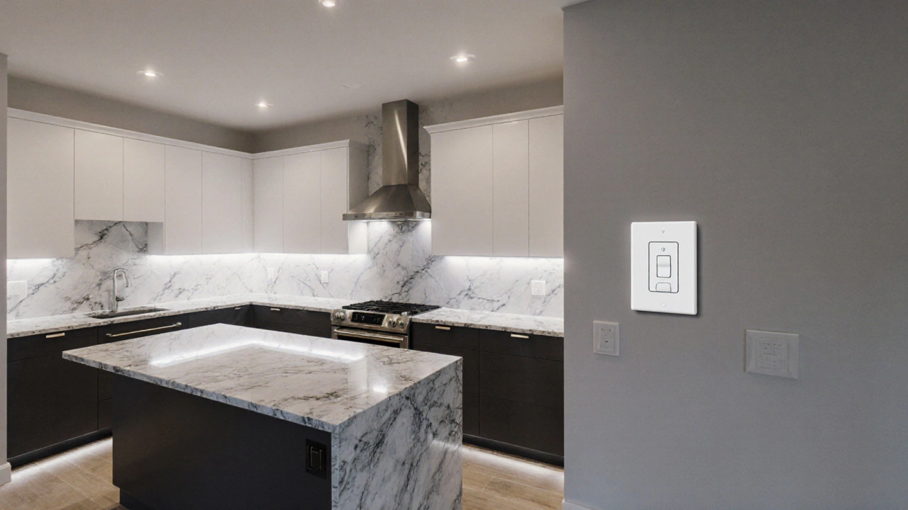 Modern kitchen bathed in cool daylight LEDs and under‑cabinet lighting.