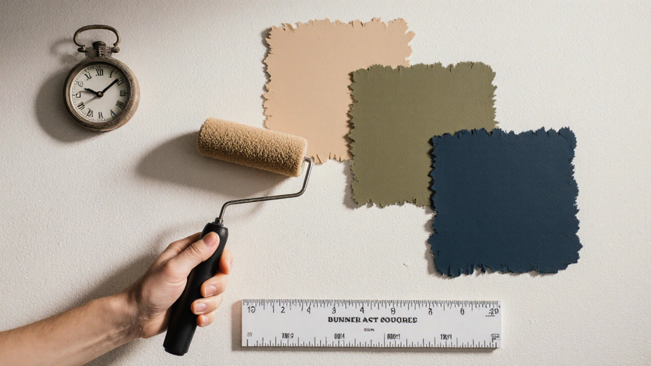 Mood board with paint swatches, roller, ruler, and clock for testing colors at different times.