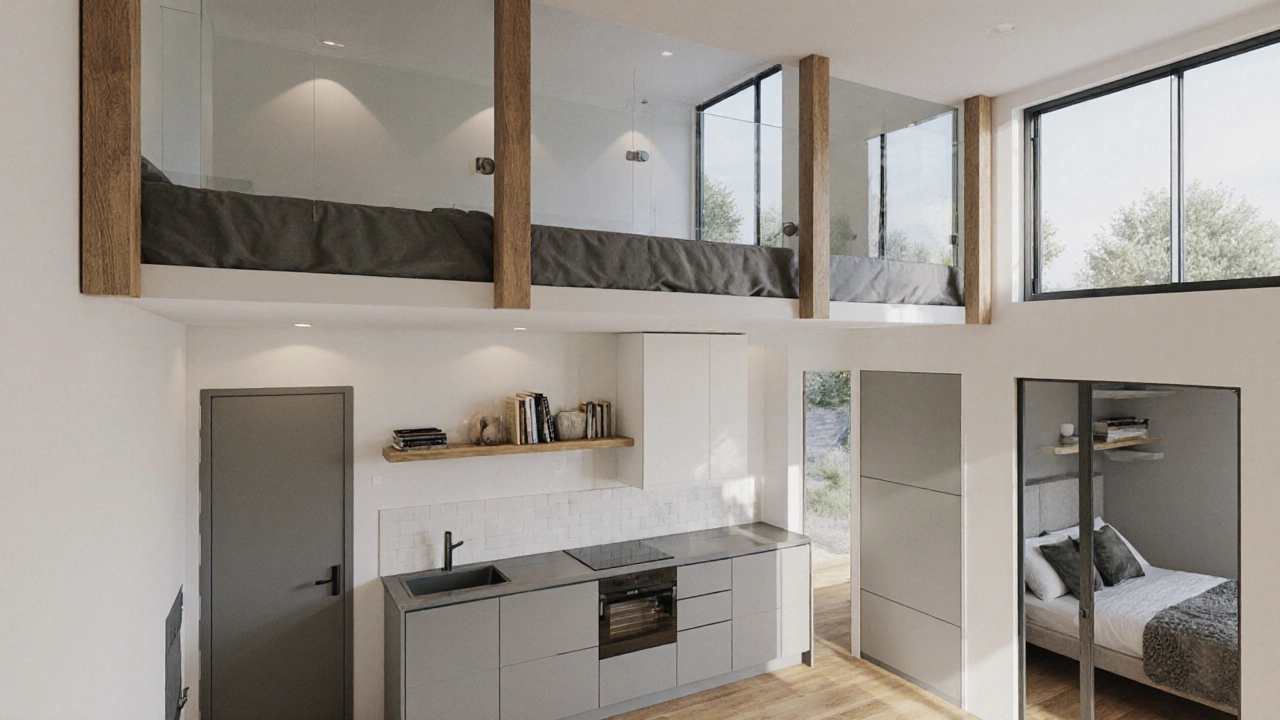 Open‑plan loft with a mezzanine, floating shelves, wall‑mounted cabinets, and hidden Murphy bed rendered in 3D.