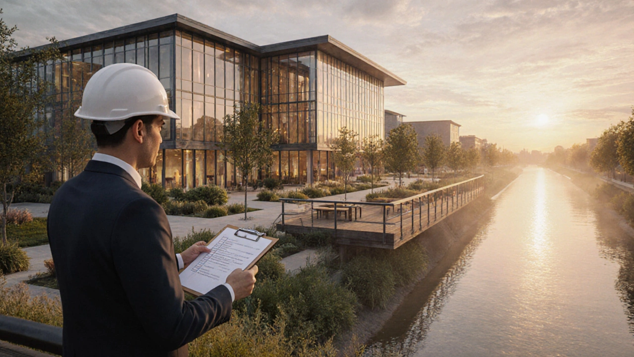 Riverfront community center at dusk with architect reviewing a checklist.