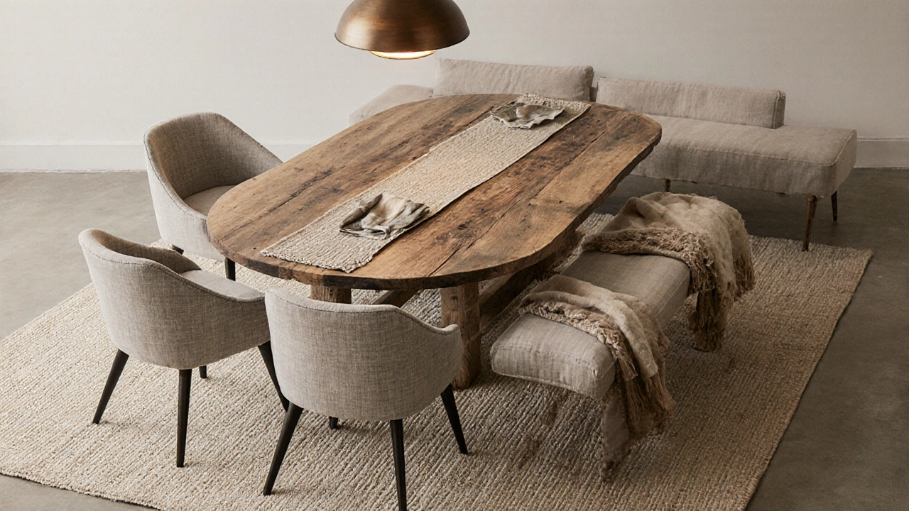 Round wood table with padded chairs, bench, rug, and layered textiles for a cozy setting.