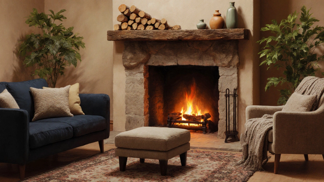 Seating area centered on a fireplace with rug, plants, and semi‑circle furniture arrangement.