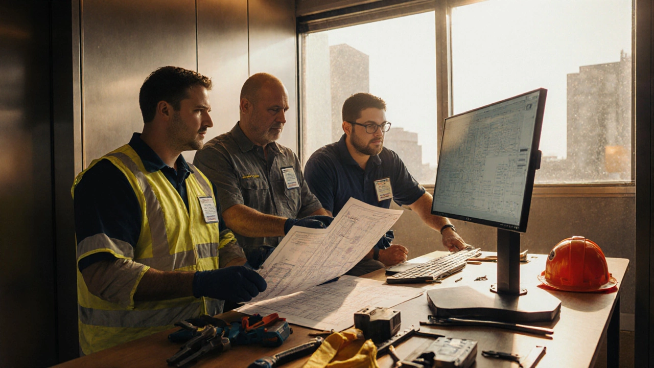 Skilled construction professionals reviewing blueprints with certification badges.