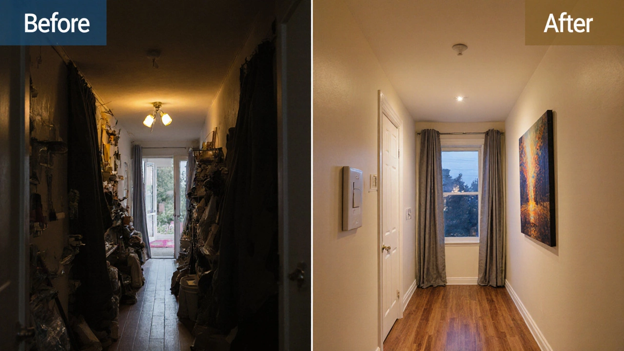 Split view of a home before and after lighting upgrades for staging.