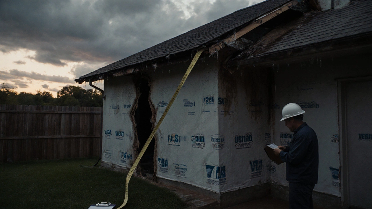 Structural engineer inspecting a sagging roof and foundation crack on a new home at dusk.