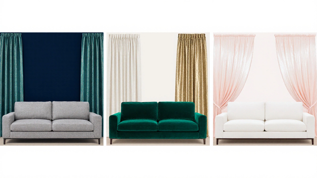 Three side‑by‑side rooms illustrating neutral, bold, and pastel sofa‑curtain combos.