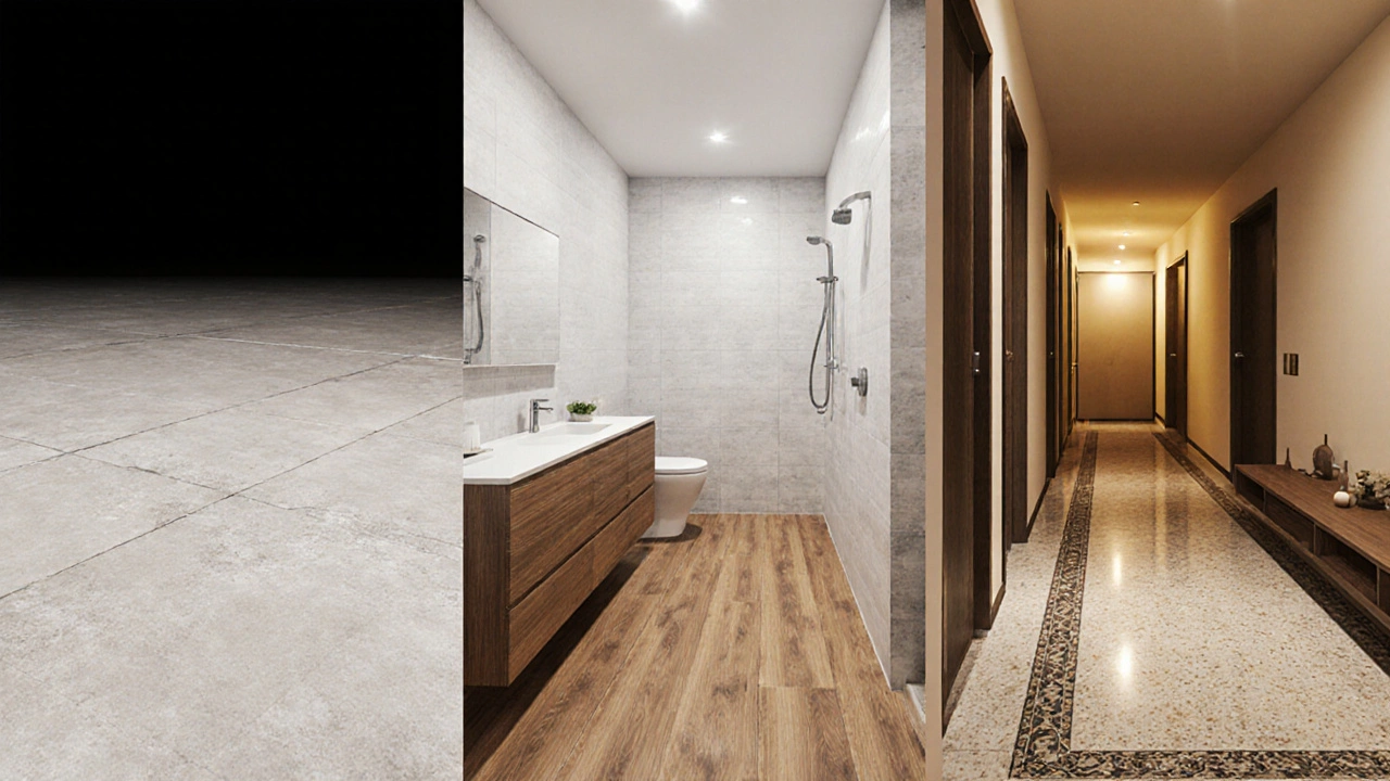 Three side‑by‑side scenes illustrating basic, standard, and premium new‑build flooring packages.