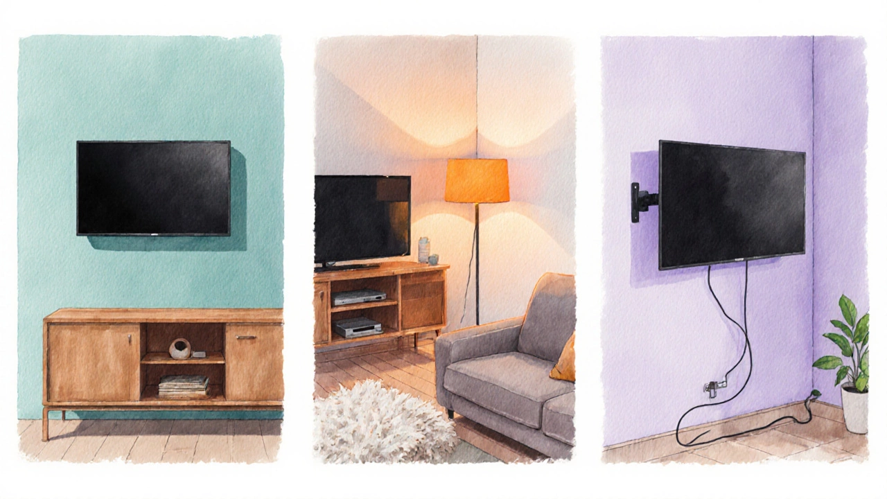 Three watercolor panels showing wall‑mount, TV stand, and corner mount TV setups in a narrow room.