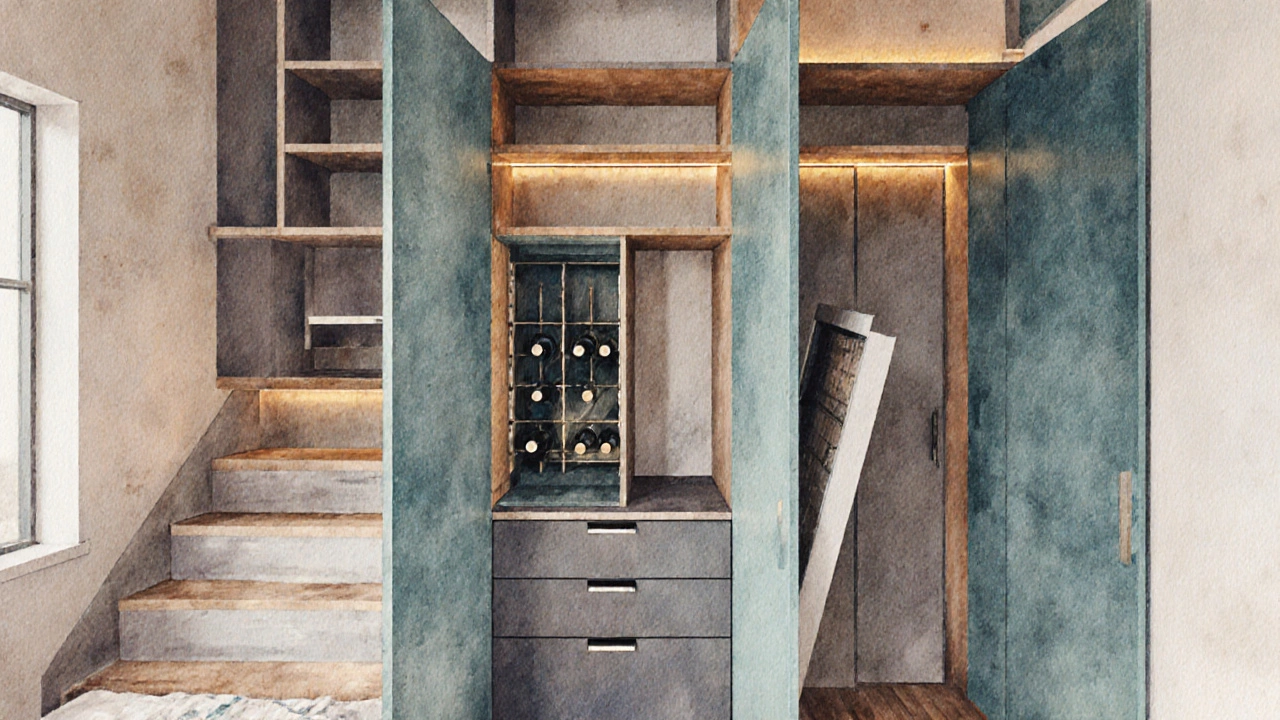 Wall with floor‑to‑ceiling built‑in shelves, under‑stair drawers, and a partially folded Murphy bed illustrated in watercolor.