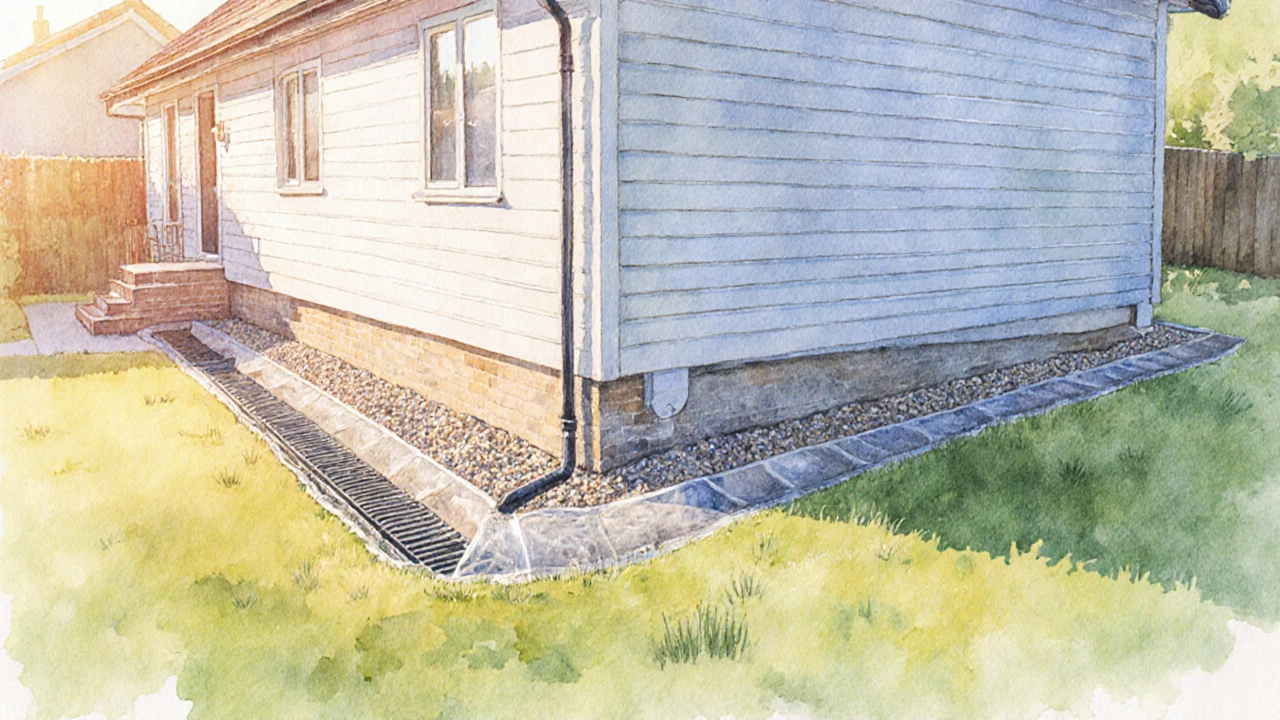Watercolor of house with graded soil, downspouts, French drain, and moisture barrier.