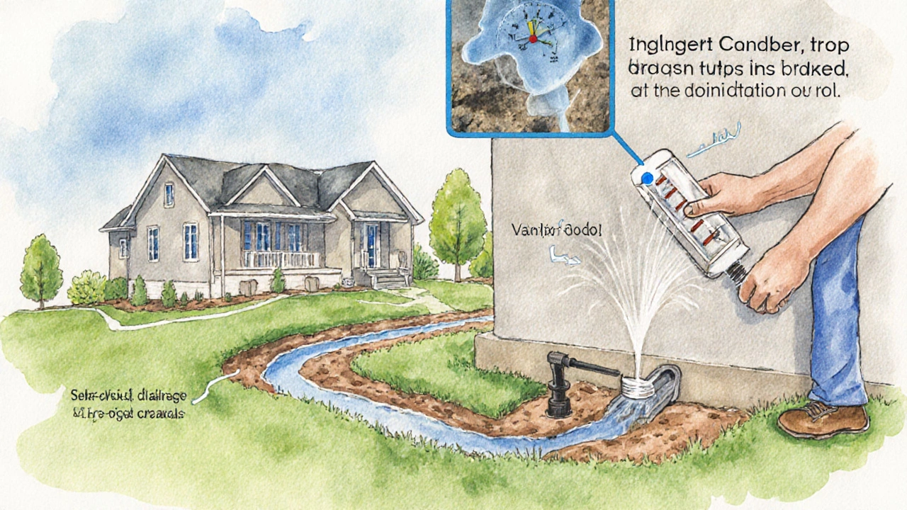 Watercolor scene of a house with proper grading, irrigation control, and a crack monitor.