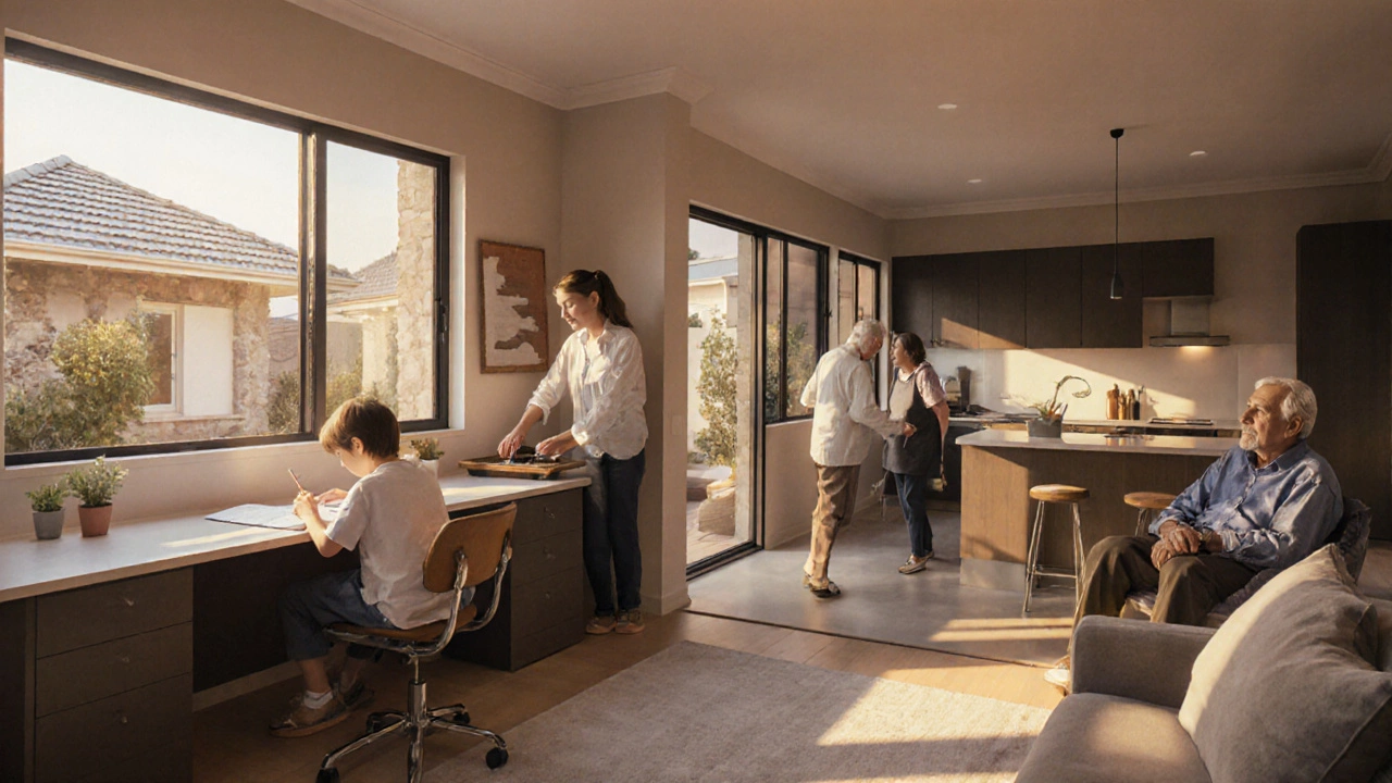 A family enjoying improved daily life in a reconfigured home with natural light, a home office, and connected living spaces.