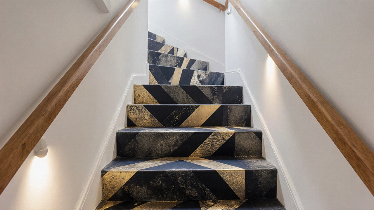 A staircase with colorful abstract geometric wallpaper on each riser under soft ambient light.