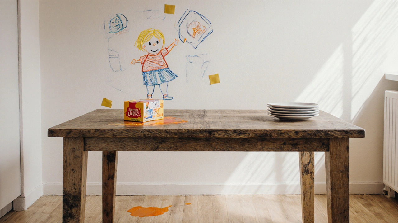 Affordable laminate dining table in a small home, with a spilled juice box and child&#039;s drawing nearby.