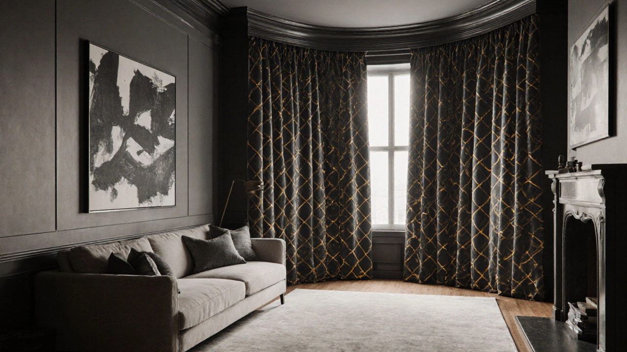 Bold geometric patterned curtains in a grand bay window, serving as a luxurious focal point in a modern living room.