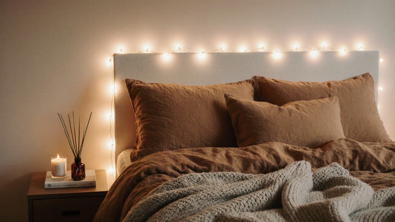 Close-up of a cozy bed with textured bedding, a knit throw, and a candle beside a book on a nightstand.