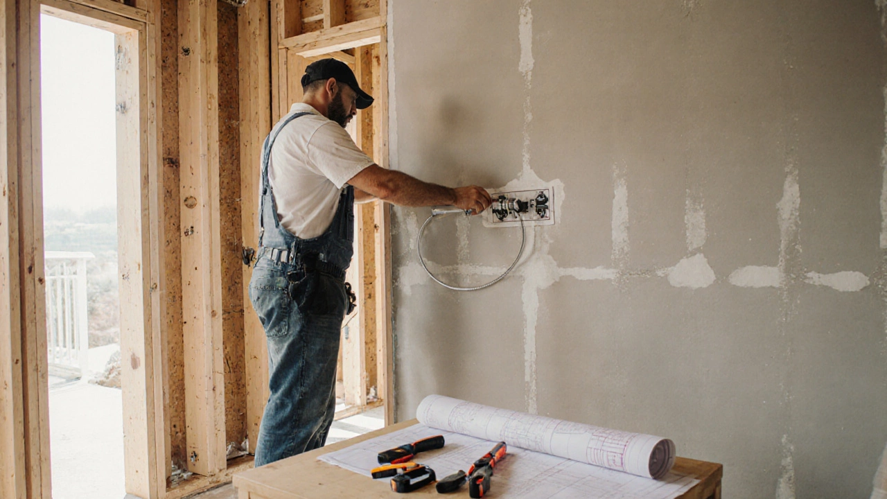 Construction worker installing conduit pipe behind drywall in a new home, preparing for future TV wiring.
