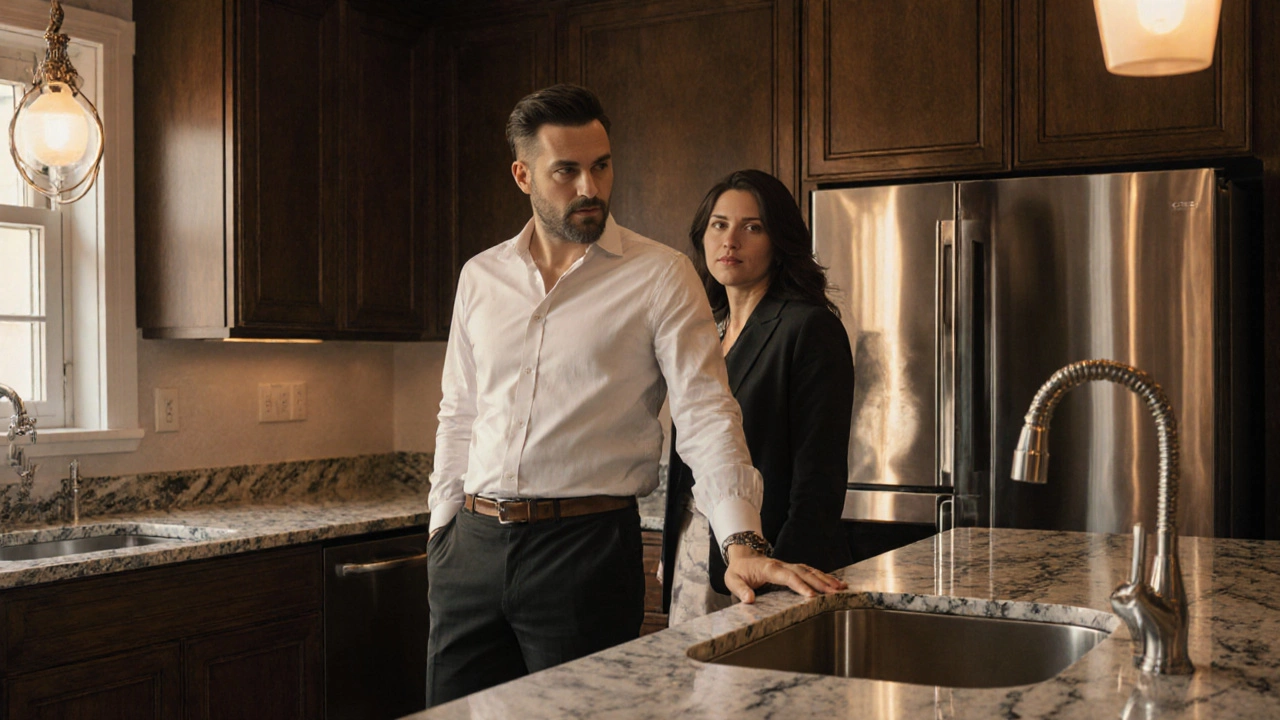 Designer consulting with a client during a luxury kitchen renovation.